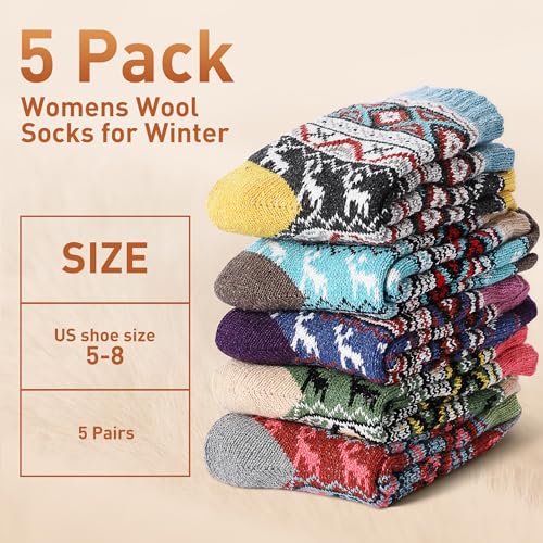 5 Pack Women Wool Socks, Winter Warm Cabin, Thick Cozy Soft Crew Socks, Stocking Stuffers Gifts for Women Men2