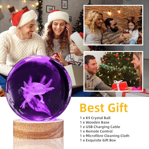Image of 3D Axolotl Crystal Ball Night Light with Remote, Upgraded 3.15 Inch Axolotl Glass Ball Lamps with 16 Color LED Wooden Base for Birthday Holiday Xmas, Cool Axolotl Toy Decor Gifts for Boys Girls Kids