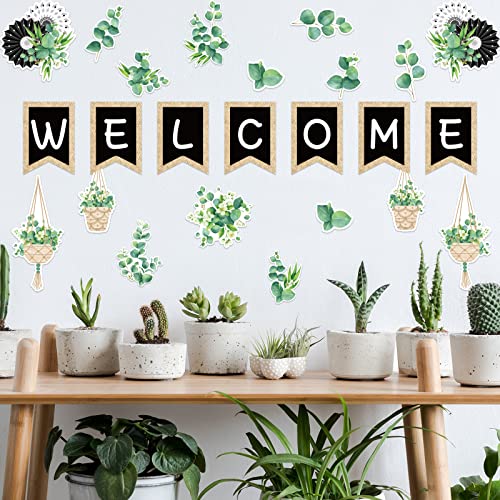 Image of Whaline 29 Pieces Eucalyptus Bulletin Board Set Welcome Banner Simply Boho Bulletin Board Decor Boho Greenery Calendar Cutout Decorations for Back to School Classroom Teacher Supply