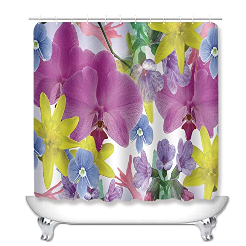 Duschvorhang Lila Gelbe Blüten Badezimmerteppich 4-Teiliges Set, Duschvorhang 180x180 Polyester+Badematte rutschfeste… – Bild 3