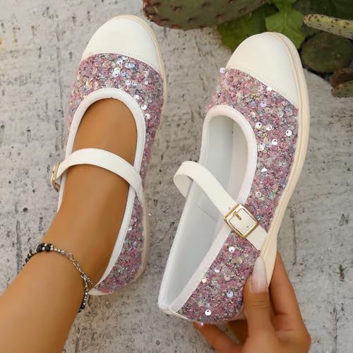 Pink Sequin Ballet Flats – Glamorous Women’s Shoes with White Leather Toe Cap & Buckle Strap – Sweet & Stylish for Dating, Parties & Daily Wear4