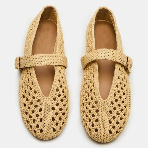 Woven Mesh Ballet Flats for Women with Metal Buckle Strap Mesh Raffia Flats Round Toe Mary Janes Comfortable Ballerina Flat Shoes.3