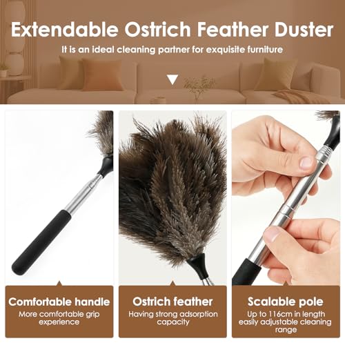 GWCYMYD Extendable Ostrich Feather Duster, 45'' Reusable Ostrich Feather Duster with Metal Handle, Fluffy Natural Genuine Feathers Cleaning Supplies for Cleaning Ceiling Fan, Blinds, Car (Black 116cm) - Image 2