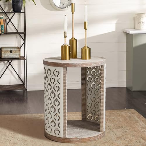 ACMEMAKE Farmhouse Round End Table, Distressed Wood Side Table, Bedside Table, 2-Tier Night Stand for Small Space, Living Room, Bedroom, Boho, Rustic