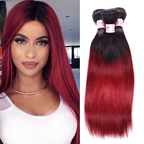 Aigemei Hair Peruvian Ombre Burgundy Hair Extensions Black To Red Straight Weave Two Tone 3 Bundles 16 18 20 Inchs Total 150 Gram