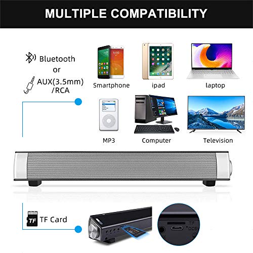 Soundbar, Bingxue soundbar Bluetooth per TV Altoparlanti per computer con cavo e connessione wireless, Soundbar supportano le modalità della scheda TF/AUX/BT/RCA(opzione colore) (Silver-2)