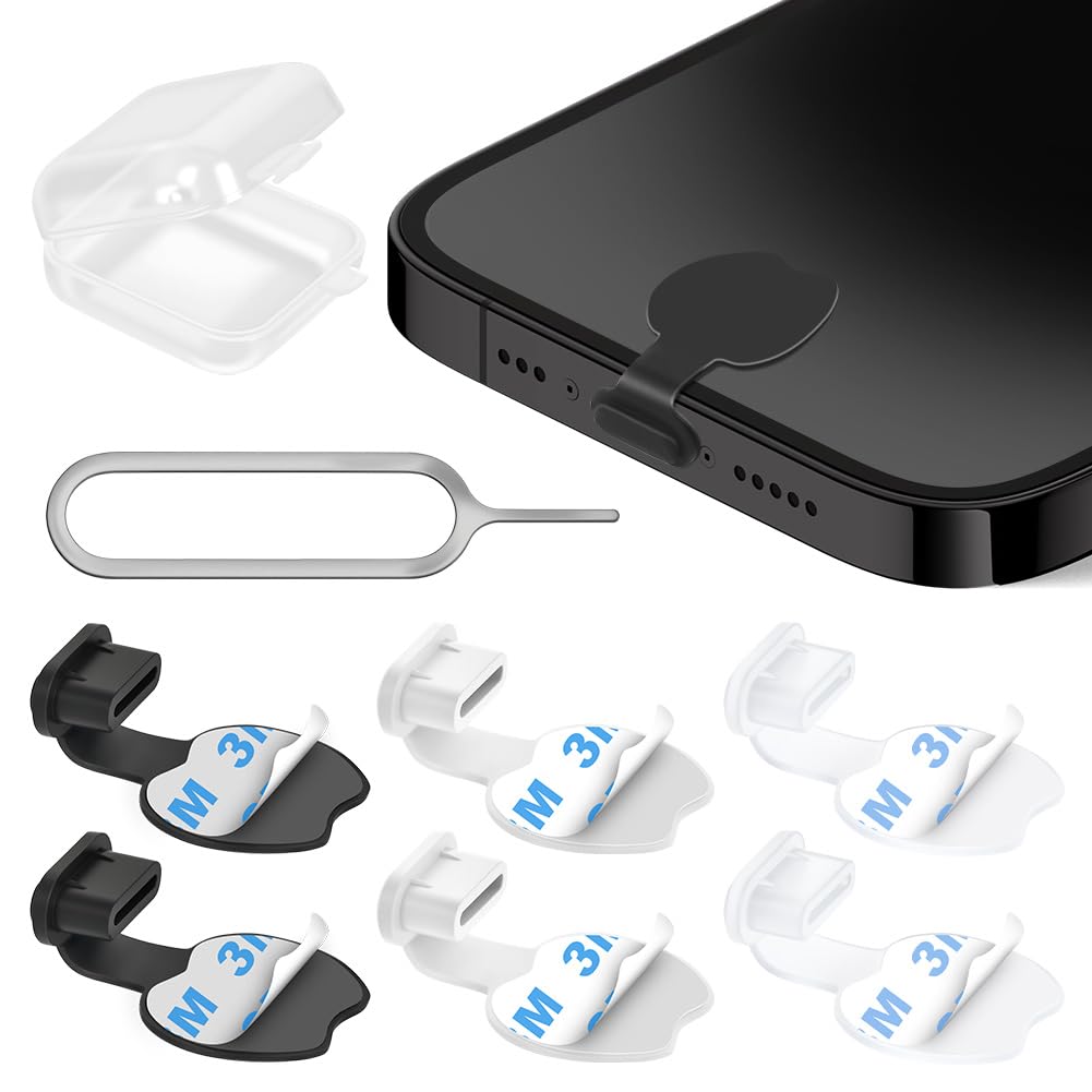 Kit Poussière de Téléphone Silicone pour Prise Adhésive Lot de 6 Caches Anti-poussière Type C Noir Blanc Transparent