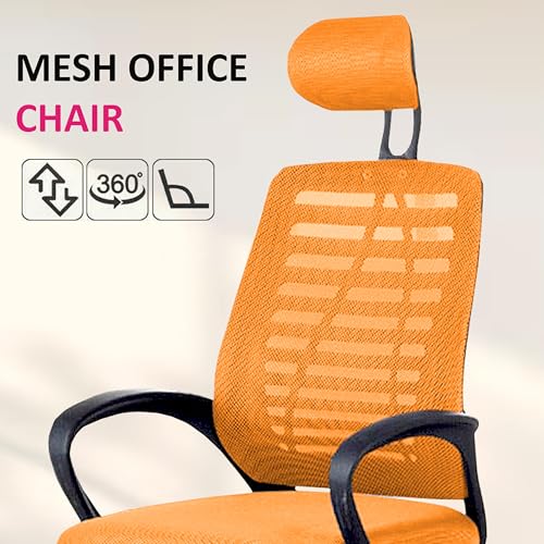 Image of Casa Copenhagen,Mesh Office Desk Chair,Rocking Ergonomic Computer Chair Adjustable High with Headrest and Comfortable Armrest Swivel -Orange & Coal Black Handle