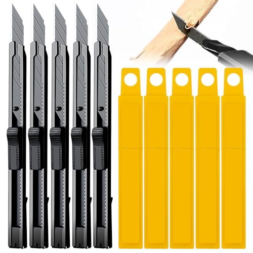 SPORWAY 5 Piezas Cuchillo de Utilidad: 9mm Cúter Retráctil con 30°Cuchillas Cutter de Acero Inoxidable, Cúter Profesional para Papel, Cartón, PláStico, Papel de Aluminio y Más (Negro)