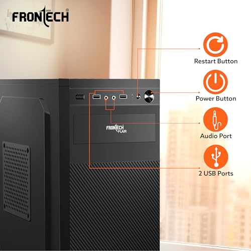 Image of FRONTECH Flair Silver Series Cabinet /Computer Case with HD Audio | ATX /Mini ATX Compatible | 2 Front USB - 2.0 | Ideal for Home /Office /Gaming (FT-4278, Black)