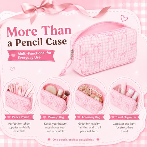 Image of LEDAOU Cute Pencil Case for Kids Girls Boys Pencil Pouch kawaii Pen Pencil Box Bag Holder for School Students (Corduroy Pink Bow Checkered)