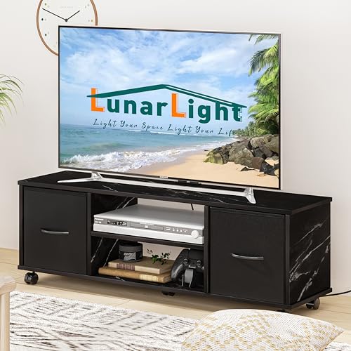 LunarLight テレビ台 幅109.5奥行28.6高さ36.8cm テレビボード ローボード コンセント付き 布製引き出し付き 多機能収納ボックス 収納棚板調整可能 32型 42型 55型テレビ適合 収納 組立簡単 工具不要 耐震転倒防止 耐荷重100kg (マーブル調ブラック)