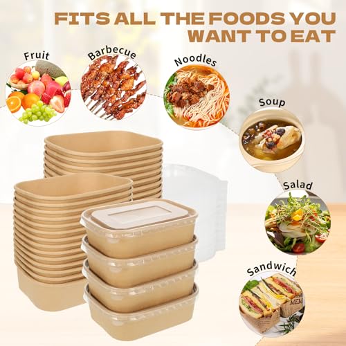 50 Pack 17oz Disposable Kraft Paper Bowls with Lids, Rectangle Meal Prep Containers Bulk, Large Paper Salad Bowl, Leakproof Food Containers Treat Soup Serving Bowls, Microwave Safe for Hot/Cold Food by Rainmae - Image 6