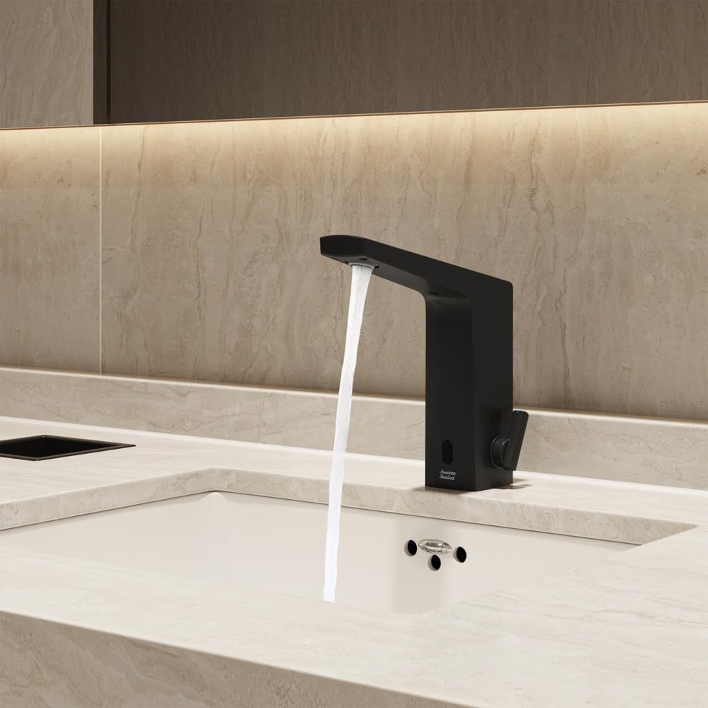 American Standard Paradigm Selectronic 7037205.243 - Grifo sin contacto, funciona con pilas con mezcla por encima de la cubierta, 0.5 GPM, negro mate