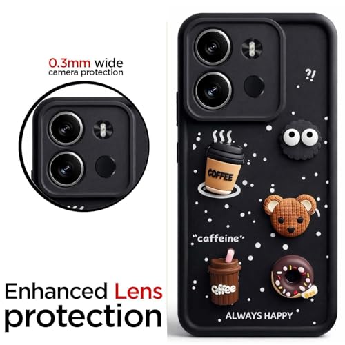 Image of Bintage Cute Fun Ball | Taddy Cartoon| Coffee Cup | Donut| Full Camera Protection Silicon Case Back Cover Compatible for Tecno BF7 / Spark Go 2023 - Black