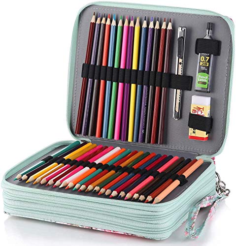 Shulaner 120 Slots Colored Pencil Case with Zipper Closure Large Capacity Green Rose Oxford Pen Organizer Flower Pencil Holder for Student or Artist