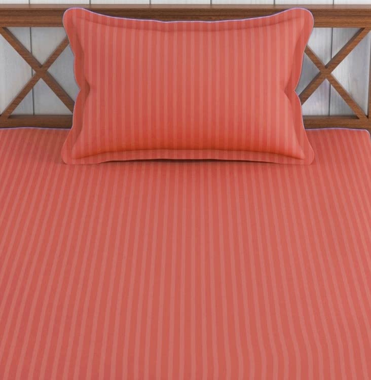 Image of Trance Home Linen 100% Cotton 72x36 inch Single Fitted 200TC Satin Stripe Elastic Fitted Bedsheet | Single Bed Size Daily use Fitted Bedspread with 1 Pillow Covers (72 inchx36 inch | 6x3 feet,Copper Rust)