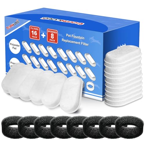 Official Tomxcute Cat Water Fountain Replacement Filters - 16 Pack Cat Fountain Filter for 3.2L/108oz & 4L/135oz Pet Water Fountain Three-Layer Filtration Replacement Filters(16+8 Pack) 8 Month Set