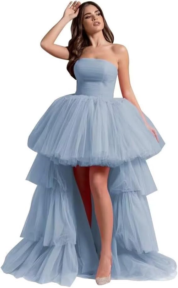 High Low Tulle Prom Dresses Long Strapless Tiered Formal Dresses A Line Evening Dress with Train