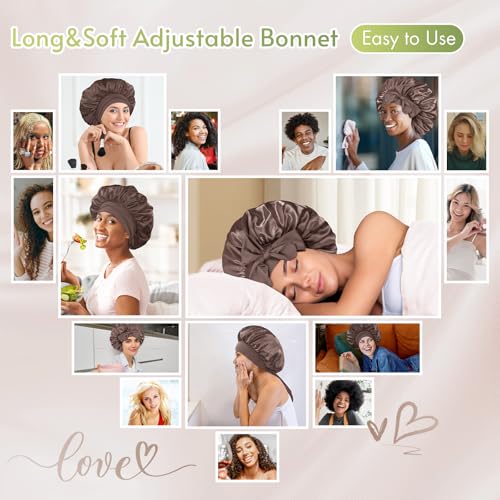 Image of BONNET QUEEN Silk Bonnet for Sleeping Satin Bonnet Hair Wrap with Tie Band Sleep Cap for Women Curly Hair 2PcsBrown Champagne