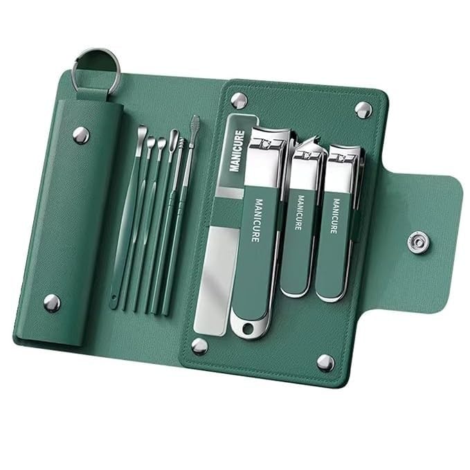 Manicure Set with Stainless Steel Tools and Faux Leather Case, 10 Piece, Green with Silver-image-41