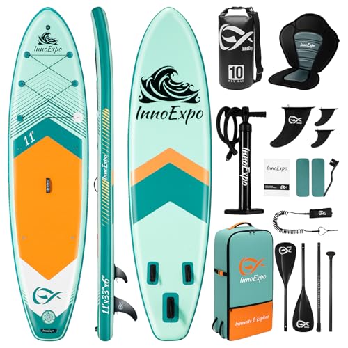 Image of InnoExpo Inflatable Stand Up Paddle Boards with Premium Accessories, Wide Stable SUP Paddle Board Design, Non-Slip Comfort Deck for Youth & Adults