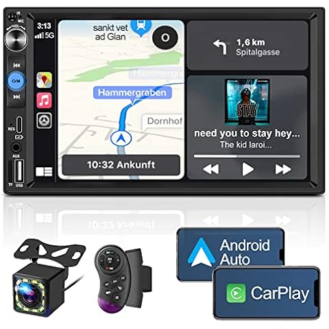 7 Inch Double Din Car Stereo with Apple Carplay & Android Auto,Voice Control,HD LCD Touchscreen Monitor,Bluetooth,Subwoofer,Type-C/USB/TF Port/AUX,A/V Input,SWC,Backup Camera,AM/FM Car Cover