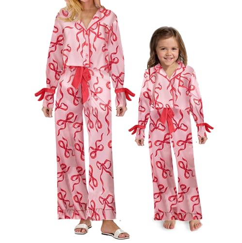 Mommy and Me Christmas Bow Tie Outfit Set Silk Satin Bow Print Mom Daughter Family Matching Outfits Xmas 2PC Jammies