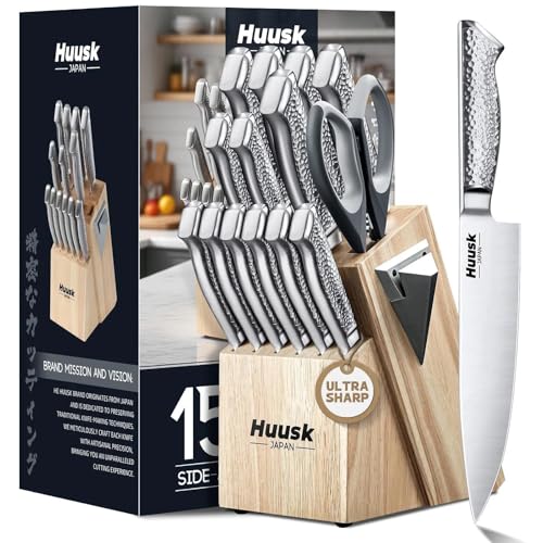 Huusk Kitchen Knife Set With Block & Built-In Sharpener - 15Pcs Japanese Stainless Steel Knife Block Set