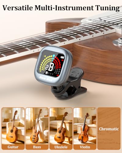 Image of New bee Guitar Tuner Rechargeable, Color Screen Clip On Tuner | 360 Rotatable, Fast & Accurate Chromatic Tuning, for Guitar, Bass, Ukulele, Violin, Cello