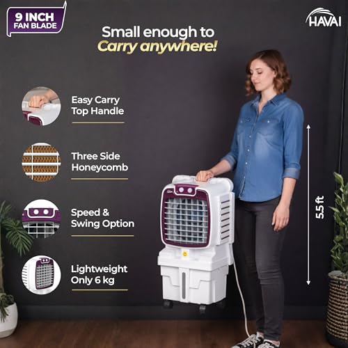 Image of HAVAI Arizona 9 Mini Personal Air Cooler | India's First 9-Inch Blade Cooler | 2600 RPM | 5 Ft Air Throw | 3-Side Honeycomb | 12L Tank | Motorised Louvers | 80W | Ideal for 50 Sq Ft
