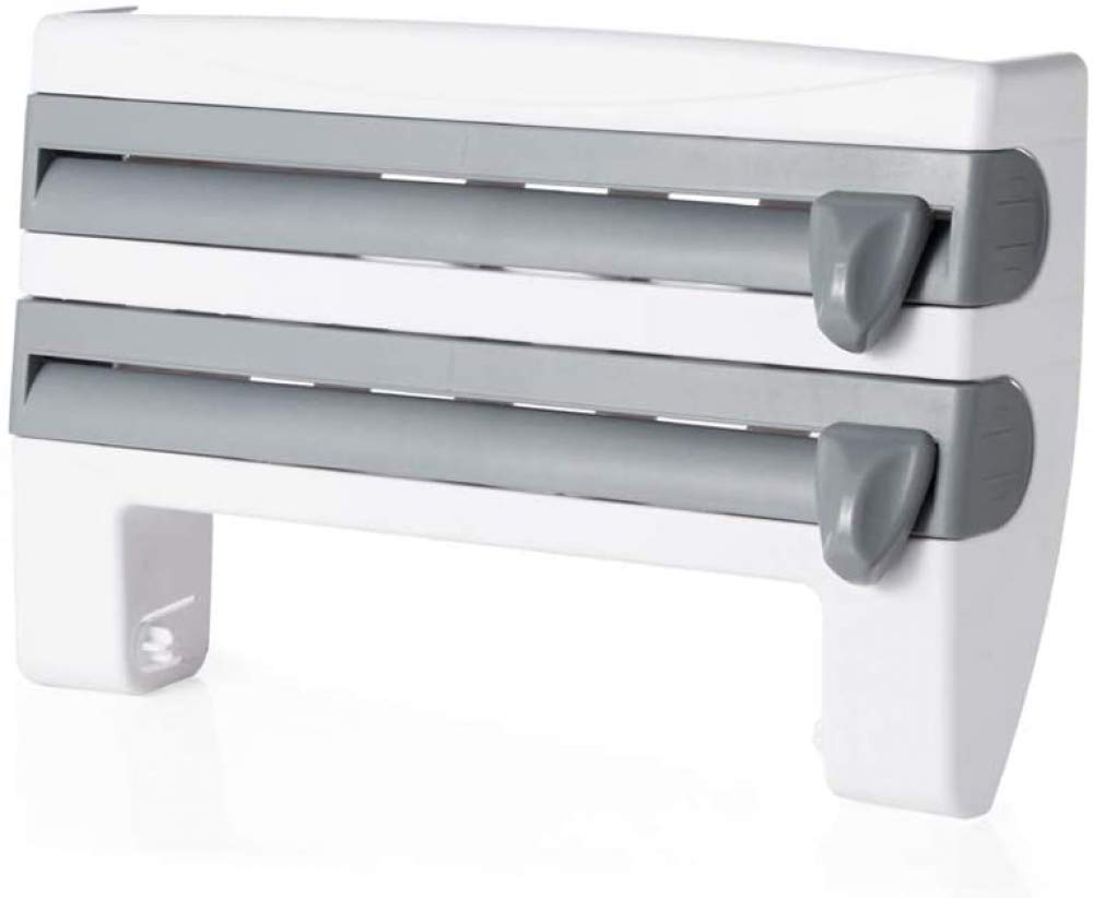 Dispensador de rollos de cocina con cortador, cortador de película adhesiva 3 en 1, servilleta, soporte de papel para rollo de pared, cortador de papel de aluminio para bordes de corte suaves,-Gray