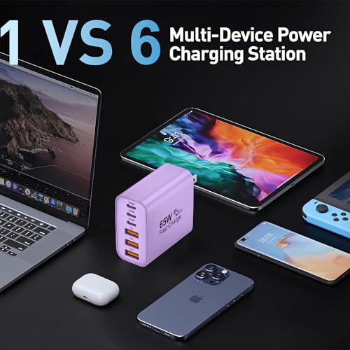 Image of 65W USB C Charger Block,6-Port Multi Device Fast Charger PD QC Wall Adapter | GaN technology saves space and reduces heat,ideal for home,office,travel,wide compatibility for iphone & USBC devices(Purple