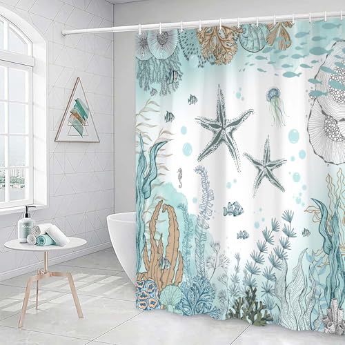 Image of Starfish Shower Curtain, Nautical Sea Animals Summer Shower Curtains for Kids, Teal Blue Ocean Beach Coastal Decorative Bathroom Curtain Sets Waterproof Fabric Machine Washable with Hooks