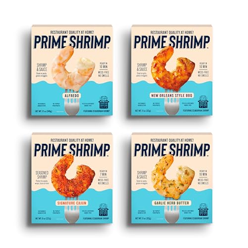 Prime Shrimp 4-Flavor Greatest Hits Bundle (Alfredo, Garlic Herb Butter, New Orleans-Style BBQ,...