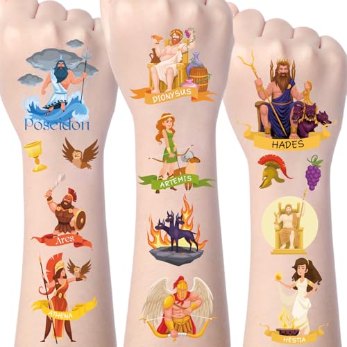 Yoyuspy Greek Mythology Temporary Tattoos - 200+ Greek Party Decorations Favors Supplies, Zeus Poseidon Athena Apollo Tattoo Stickers Gifts for Kids Adults, Mythology Themed Birthday Decor Rewards