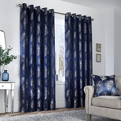 Curtina - Plume – Paire de Rideaux Jacquard à œillets – 117 x 183 cm (l x H) en Bleu Marine