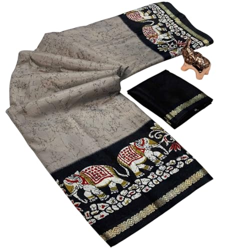 Image of SATIKA VASTRAM Tussar Silk Saree Kalamkari Elephant Print Pure Soft Zari Weaving Contrast Border And Pallu Attach Blouse Piece