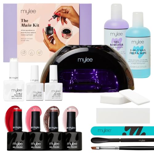 Mylee Professional Gel Nail Kit (Main) - Grande LED Nail Lamp 4 Gel Polish Shades Builder Gel Top & Base Coat Prep Tools and Gel Remover Premium At-Home Set & Gifts for Women