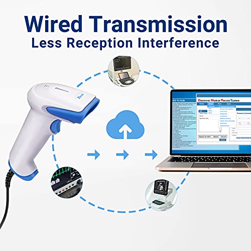 Image of Tera CCD 1500C 1D Barcode Scanner, USB Wired Handheld Reader, White-Blue