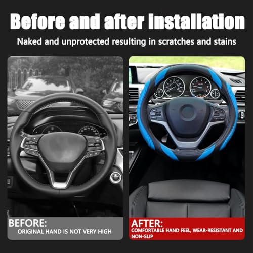 Image of Osilly 15 Inch Car Leather Steering Wheel Cover, Automotive Accessories Elastic Breathable Anti-Slip Soft Wheel Protector Fits Men and Women, Suitable for SUVs, Trucks, Vehicles and RVs (Blue)