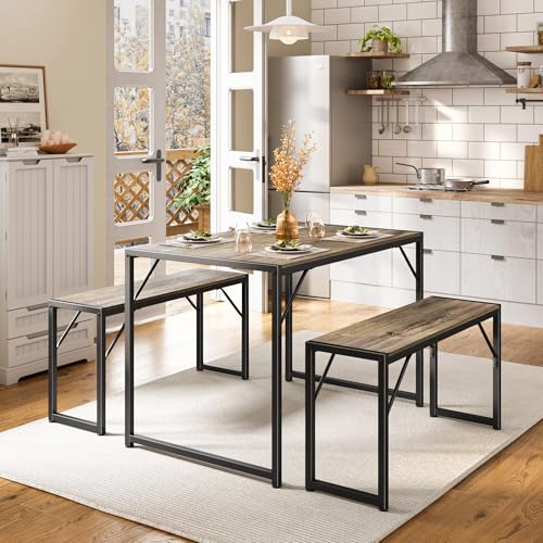 Immagine prodotto: Bealife Set di tavolo da pranzo per 4 persone, con struttura in metallo e pannello in MDF, tavolo da cucina salvaspazio con 2 panche, set di tavolo da cucina per appartamento, sala da pranzo, angolo