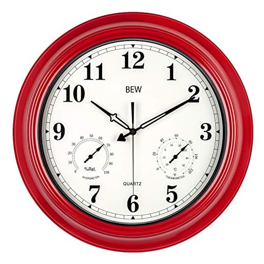 BEW Large Outdoor Clock, Waterproof Wall Clock with Thermometer and Hygrometer Combo, Weather Resistant, Silent Metal Pool Clock for Garden, Patio, Fence, Porch (18-Inch, Empire Red)