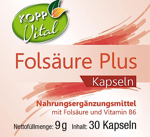 KOPP Vital® Folsäure Plus | 30 Kapseln | 9 g | Maximale Qualität | Nahrungsergänzungsmittel | Hochwertiges Akazienfaserpulver | Vitamin B6