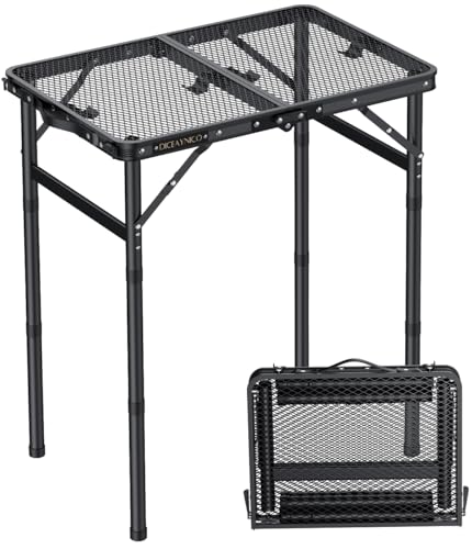 Image of Folding Camping Table, 22.8 inchx15.7 inch Picnic Table, 3 Adjustable Height | 2-Fold Mesh Black Aluminum, Handle for Party Dining Garden Patio, Max 27.5 inch Folding Table