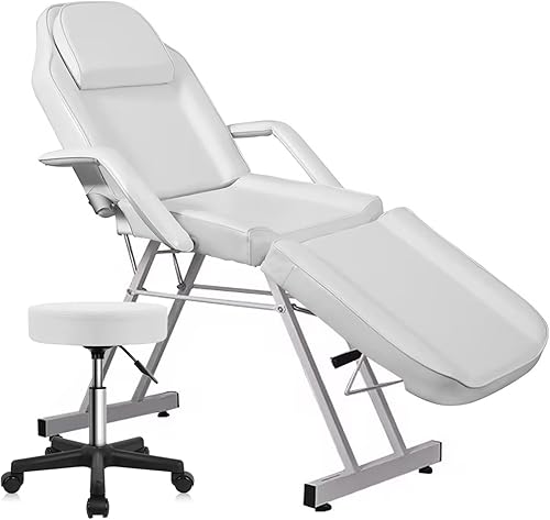 Silla de tatuaje de 3 secciones, cama de masaje profesional ajustable, silla de cama de tatuaje con taburete de spa y gancho para toalla para