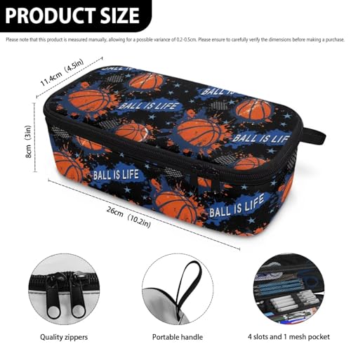 Image of Kids Pencil Case Basketball Print Pencil Pouch for Boys 6-8 Years Lightweight Large Capacity Pen Bags with Mesh Pocket for School