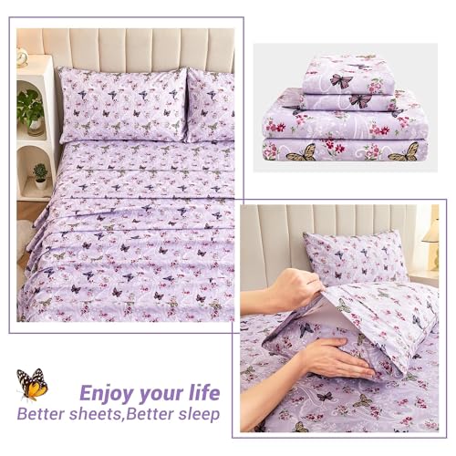 Image of Softan Purple Floral Bed Sheets Full, Paisley Flower Printed Sheet Set, Cozy Microfiber Fitted Sheet with 15 inch Deep Pocket & Non-Slip Straps, Butterfly Patterned Sheets & Pillowcase Set