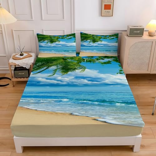 ベッドカバー ビーチ マットレスカバー 単純 ベッドシーツ、柔らかい通気性マイクロファイバー、深いポケット、ボックスシーツ、通気性・速乾性 着脱簡単 丸洗い可能 寝具セット、シーツ シングル100x200cm + 2 枕カバー43x63 cm