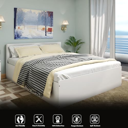 Image of VIKI Hydraulic Queen Size Bed with Storage (78x60) | Engineered Wood Hydraulic Lift Wooden Bed Frame for Bedroom | Modern Storage Cot | Frosty White Finish | Free Assembly | 1 Year Warranty
